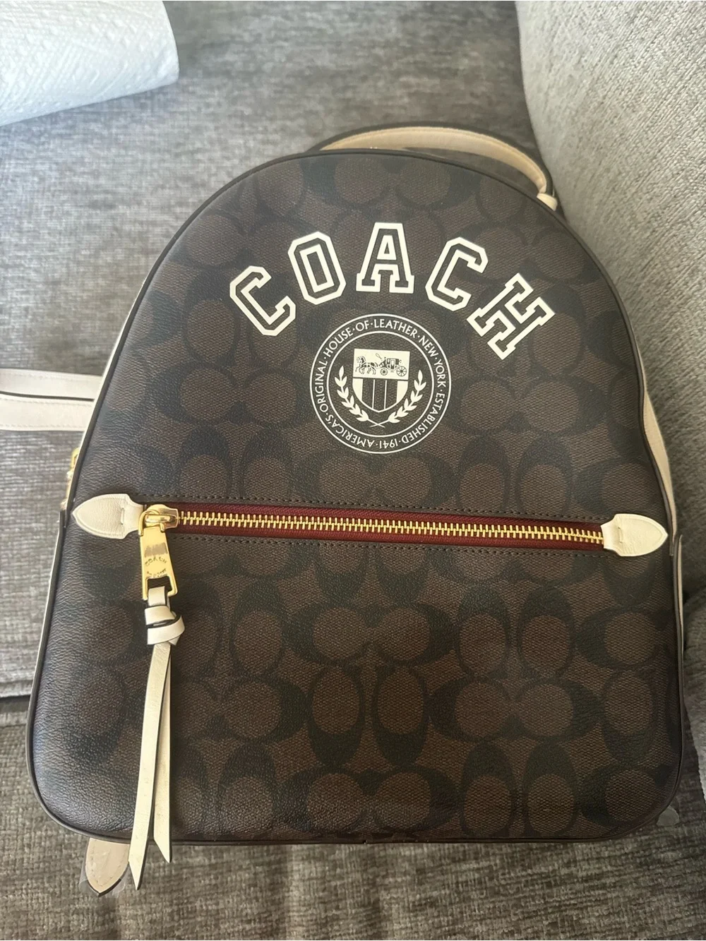 Coach Brown Signature Canvas Backpack with Cream Trim and Burgundy Zip